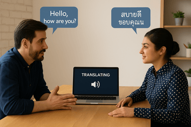 A man and woman talking to each other in different languages, with a laptop between them translating what they say.